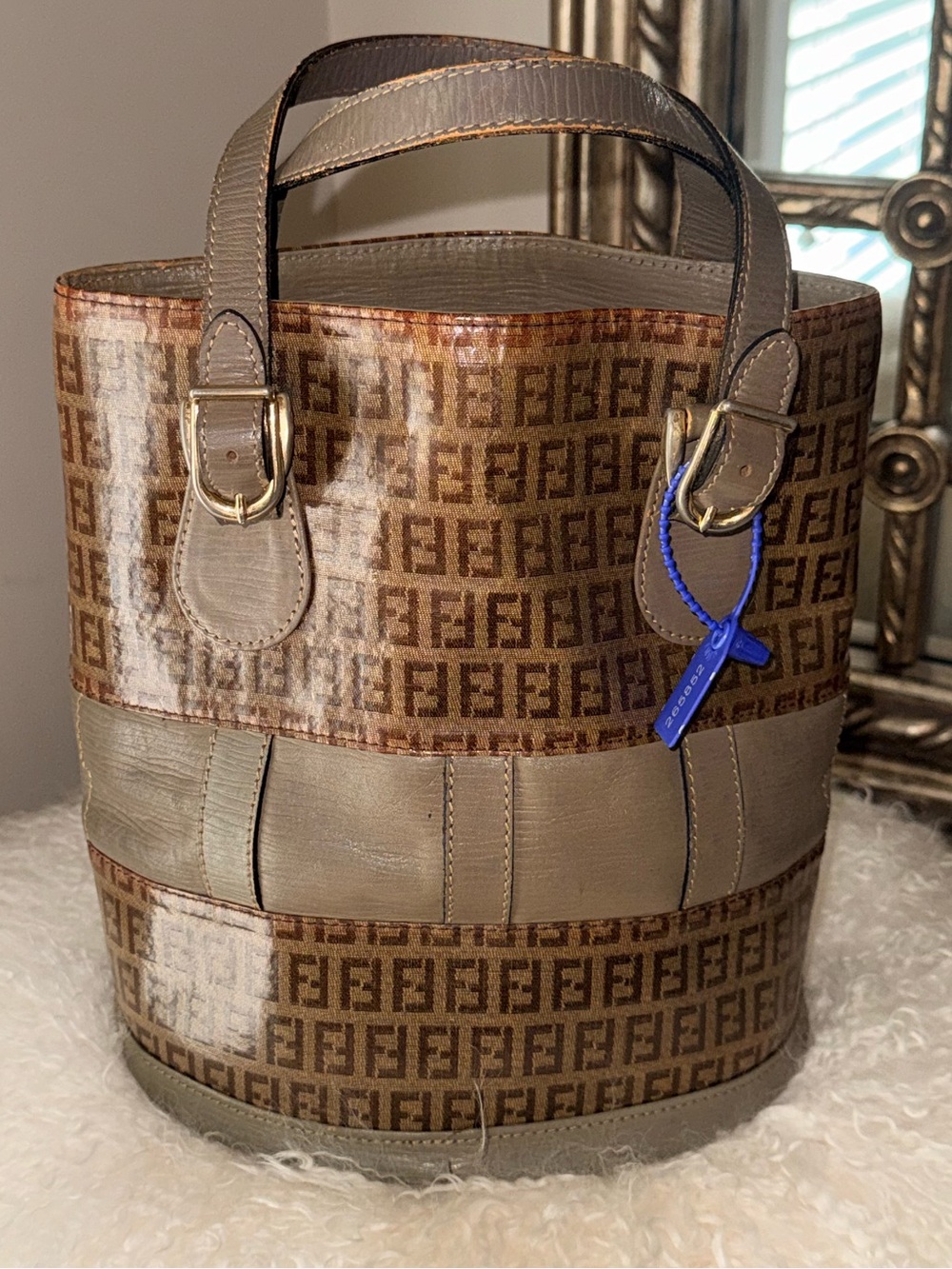 Vintage Fendi Zucchino Palazzo Open Top Bucket Tote Bag Khaki Olive Green
